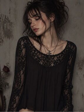 Xhilaration XXL Black Lace Long Sleeve Blouse Romantic Goth Grunge Y2K Boho Top